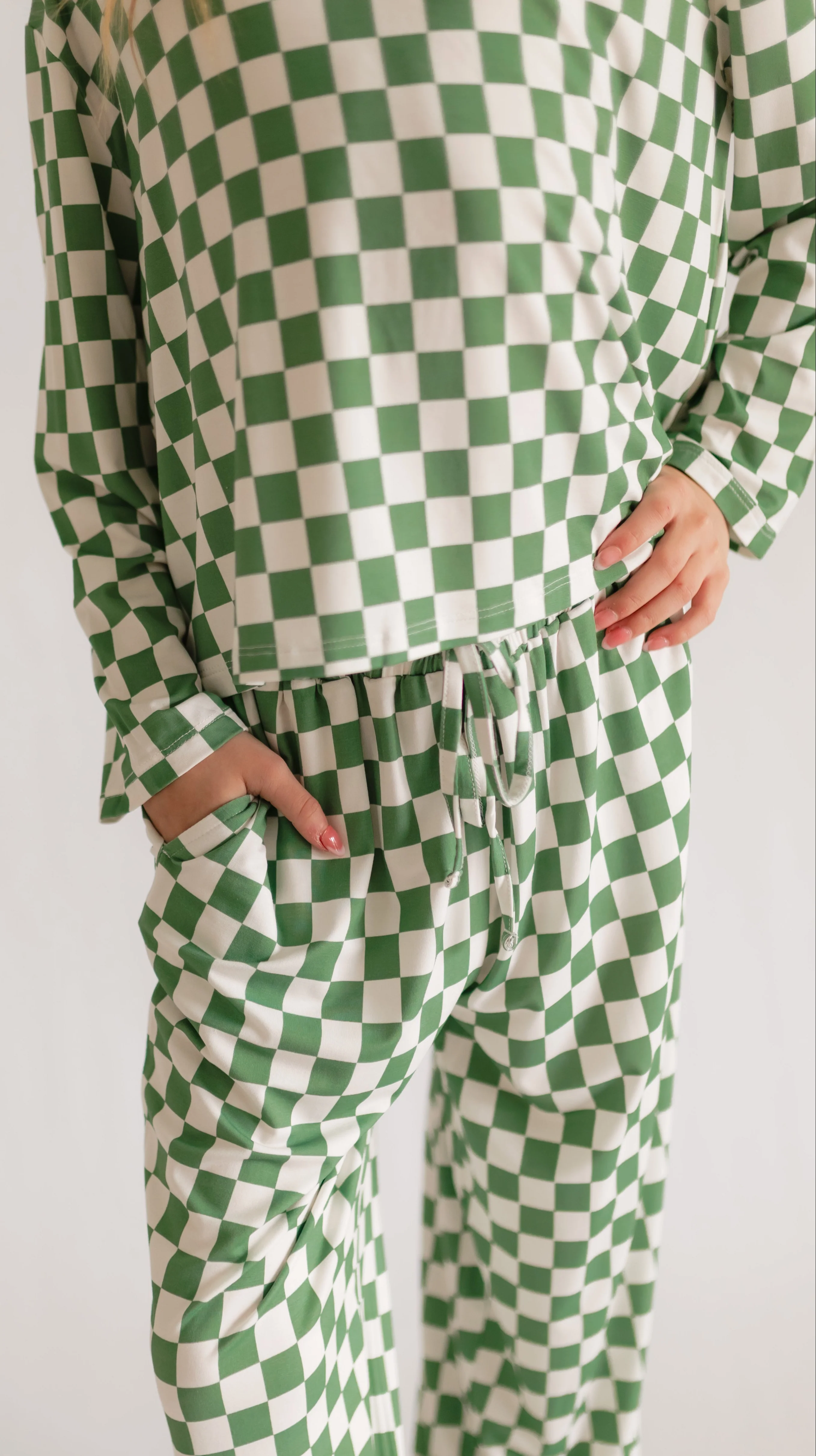 Girl's Long Sleeve and Pants Set in Green Checkered - Image 3