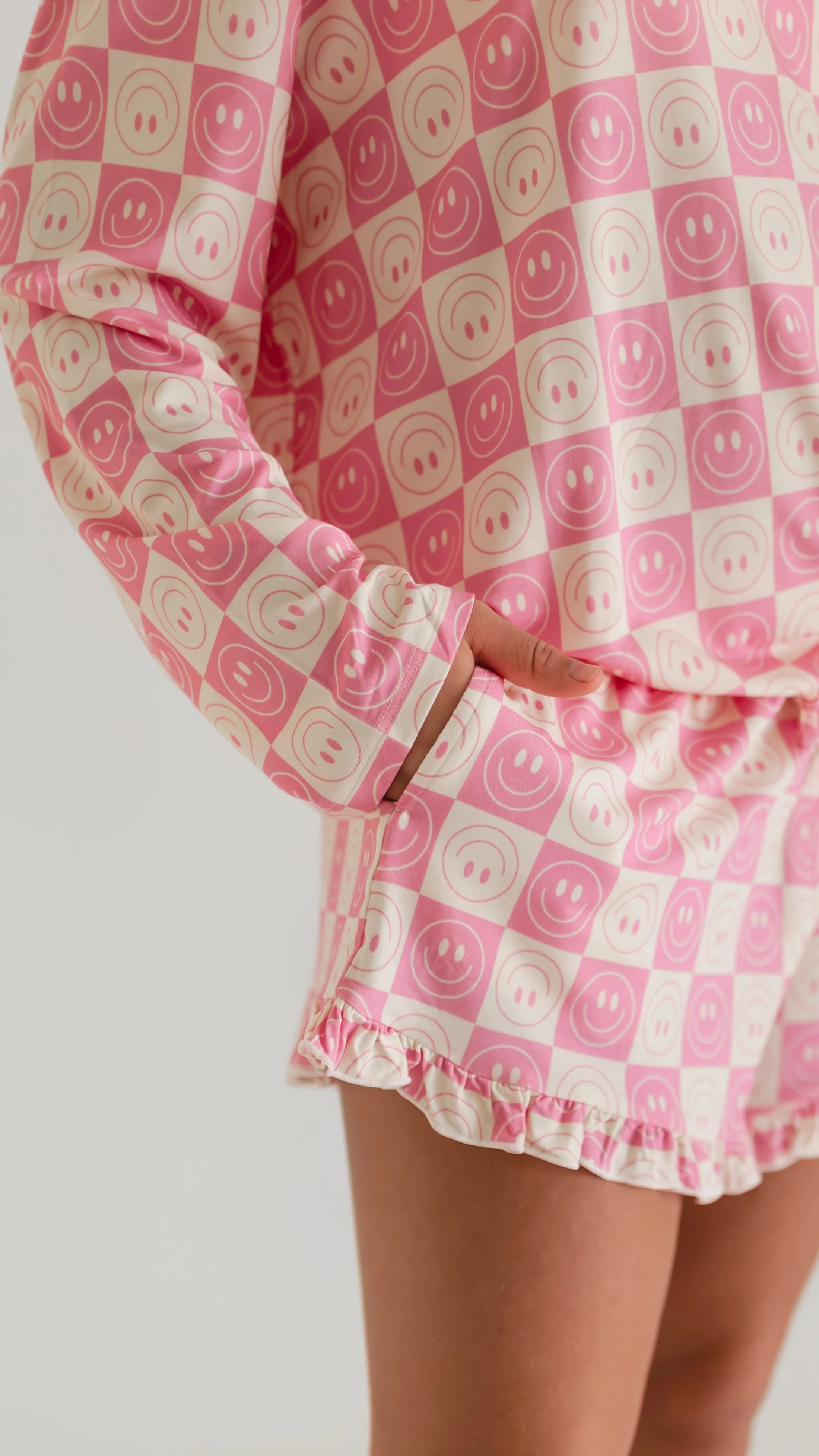 Girl's Long Sleeve and Ruffle Shorts Set in Checkered Smileys - Image 3