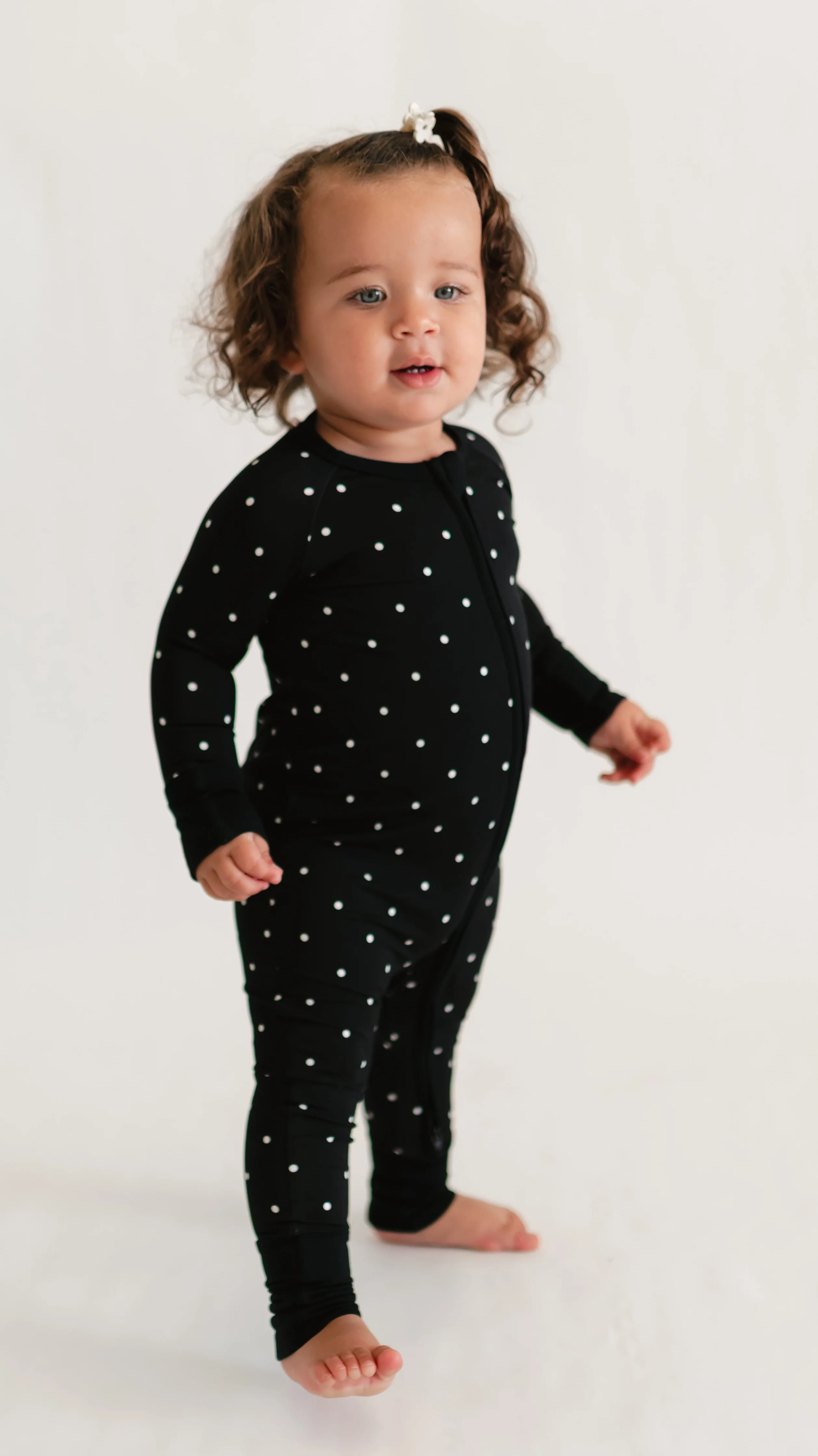 Infant Romper in Black Polka Dots