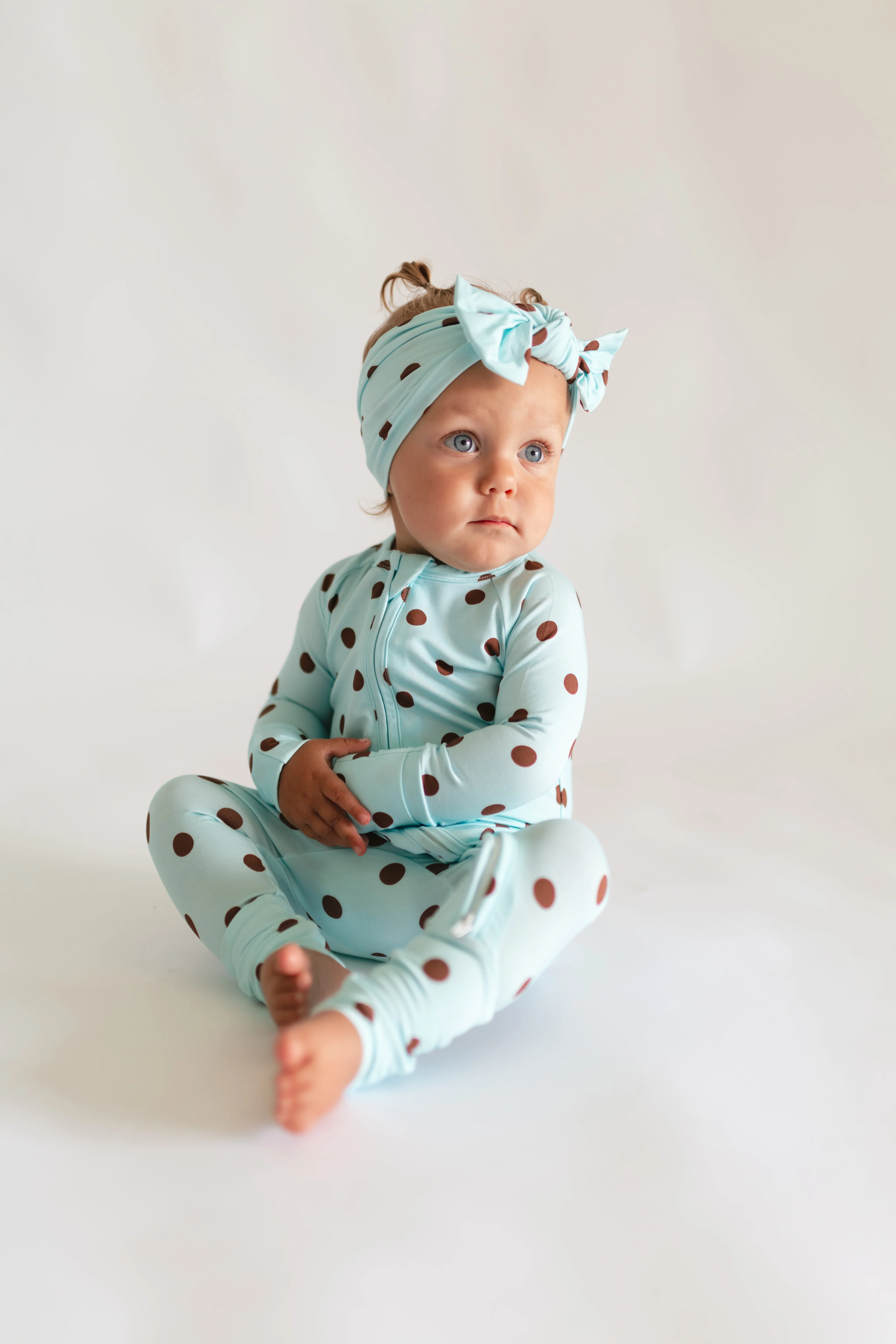 Infant Romper in Blue & Brown Polka Dot