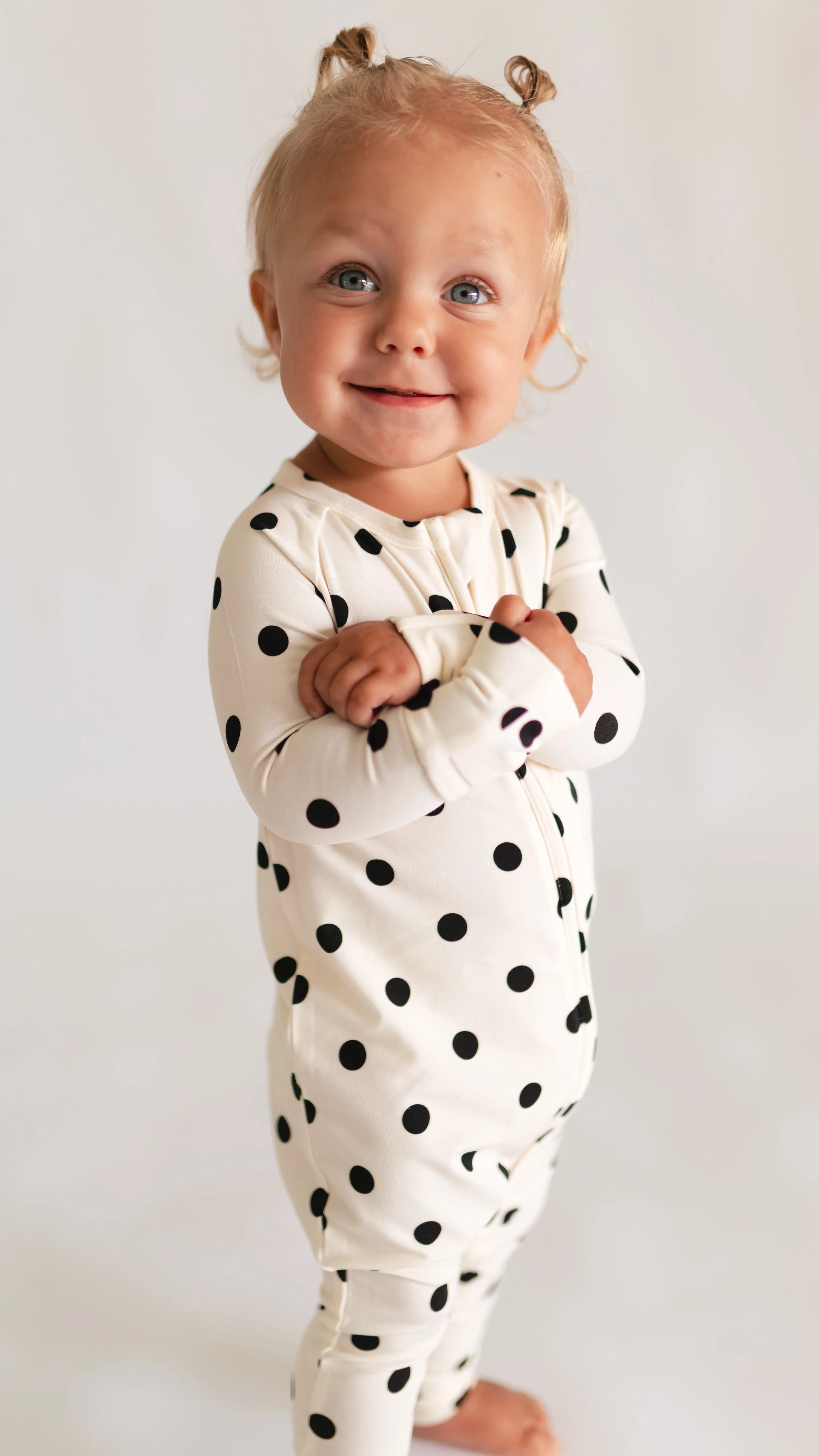 Infant Romper in Cream & Black polka dot