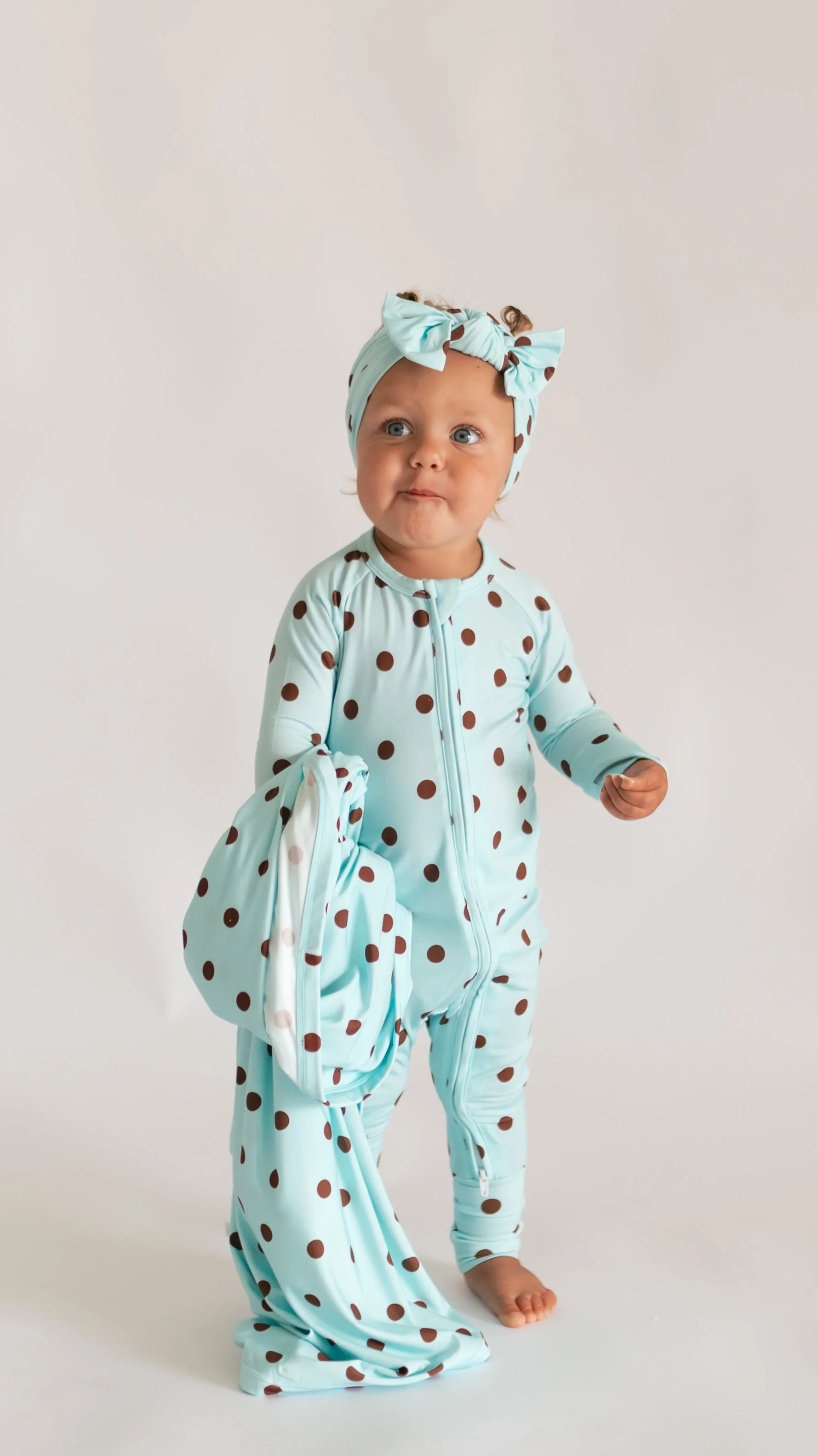 Infant Swaddle in Blue & Brown Polka Dot - Image 2