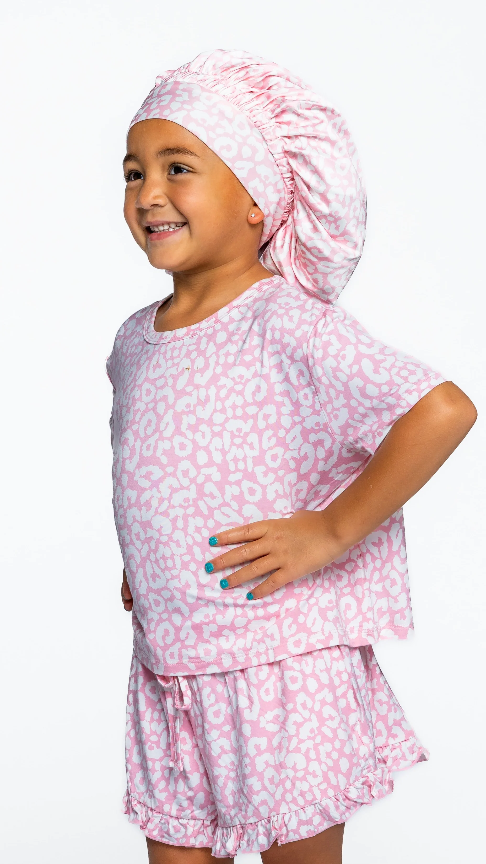 Kids Satin Bonnet in Pink Leopard - Image 2