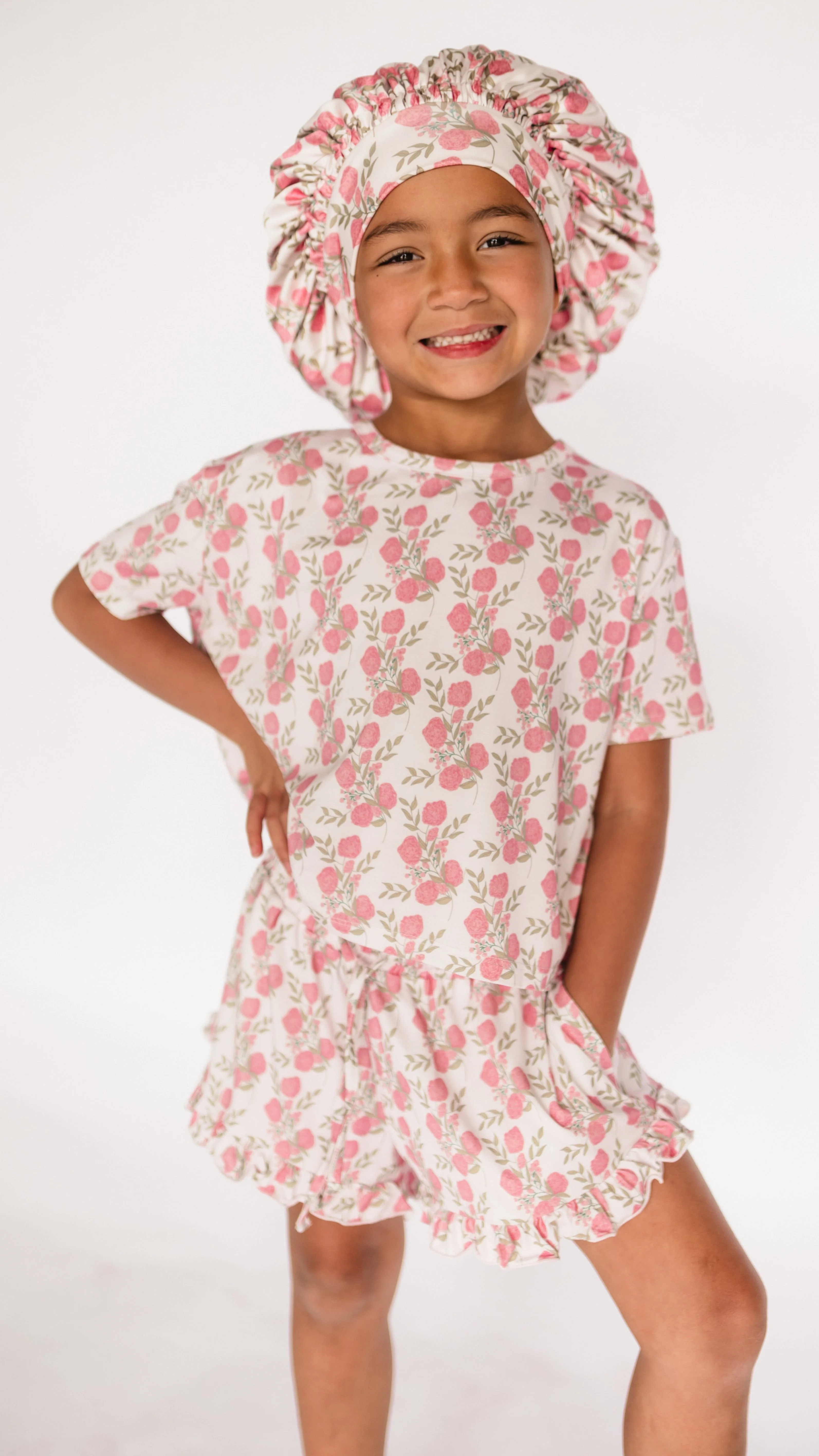Kids Satin Bonnet in Pink Floral - Image 2