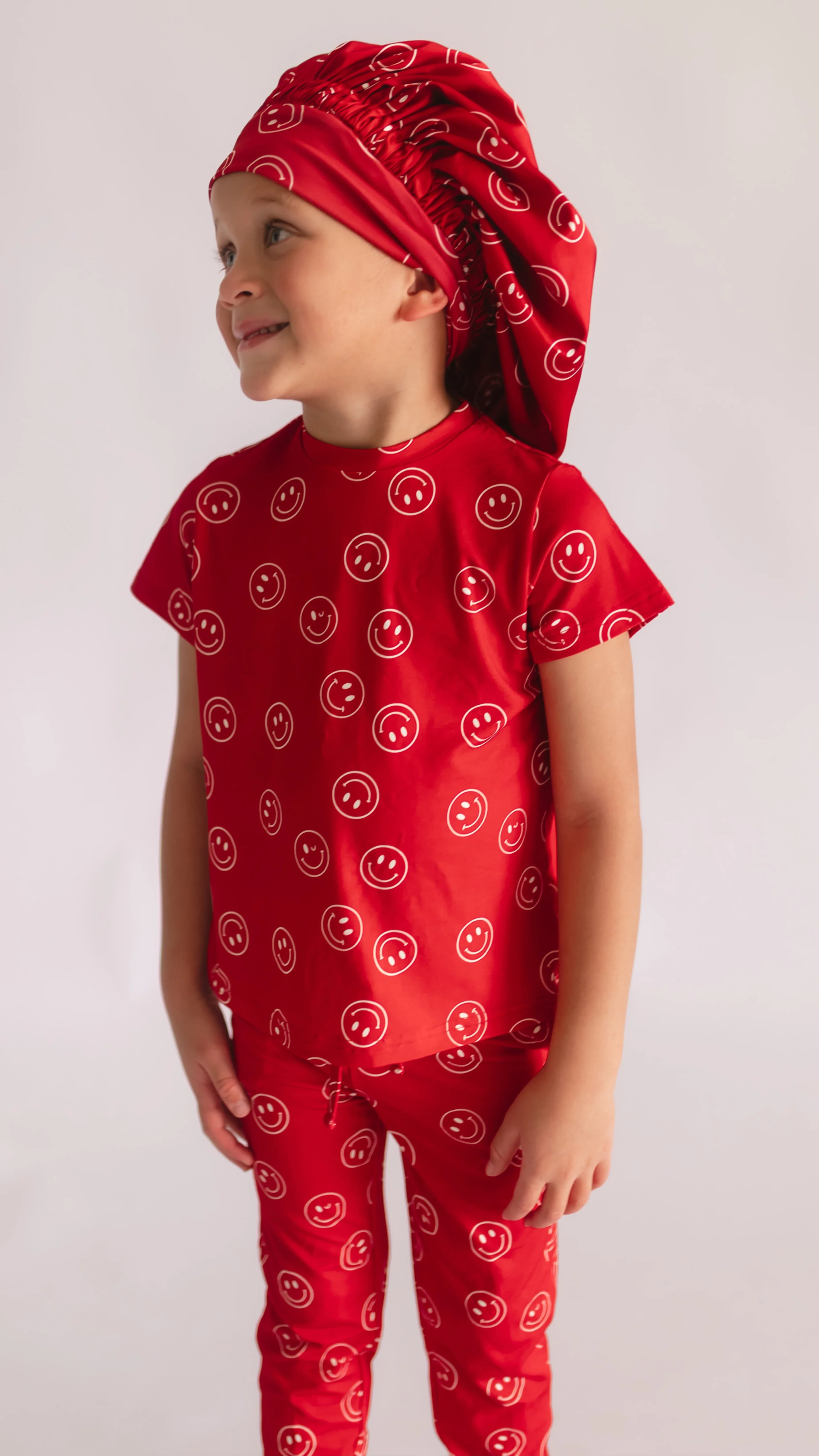 Kids Satin Bonnet in Red Smileys - Image 3