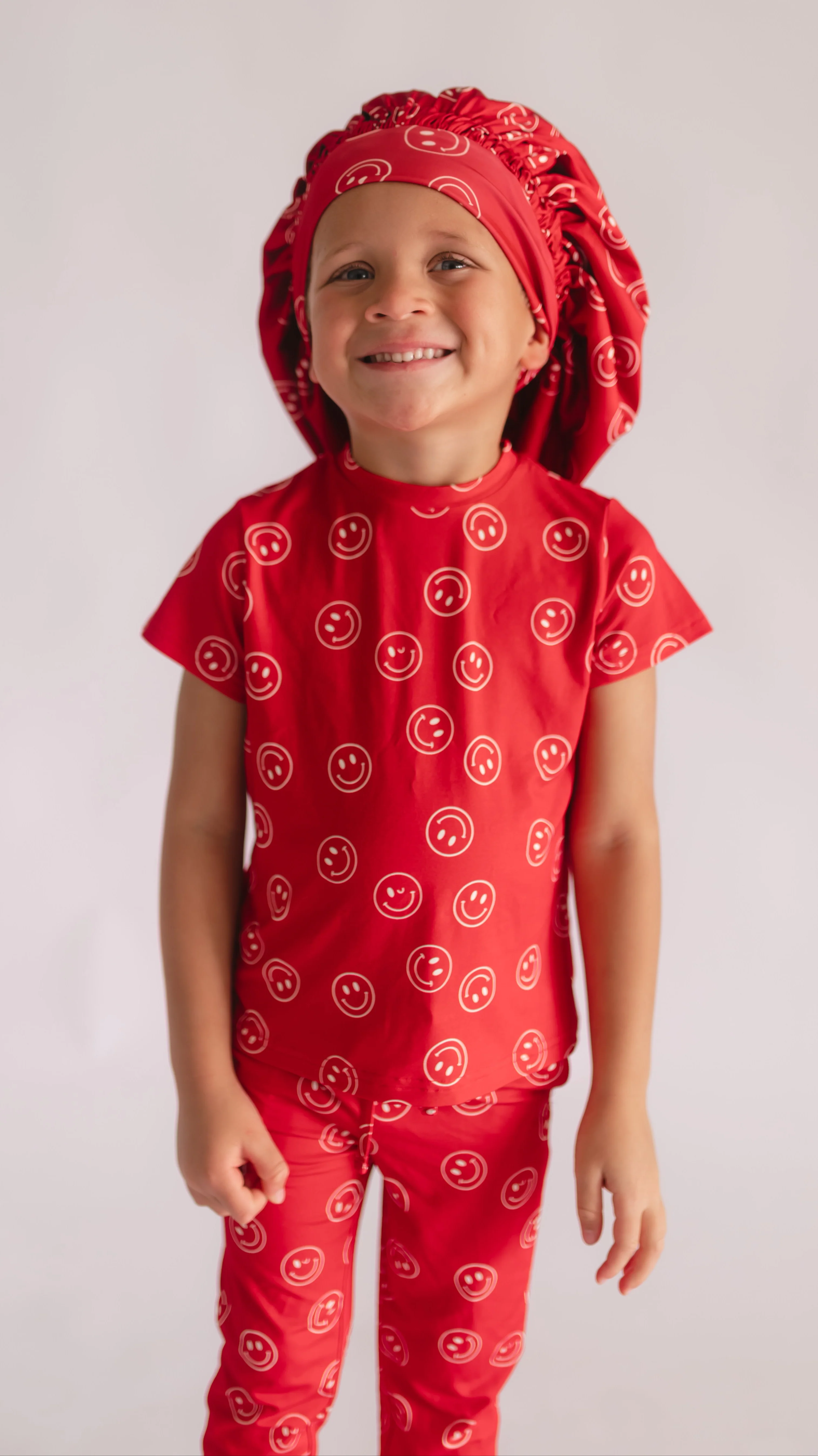 Kids Satin Bonnet in Red Smileys - Image 4