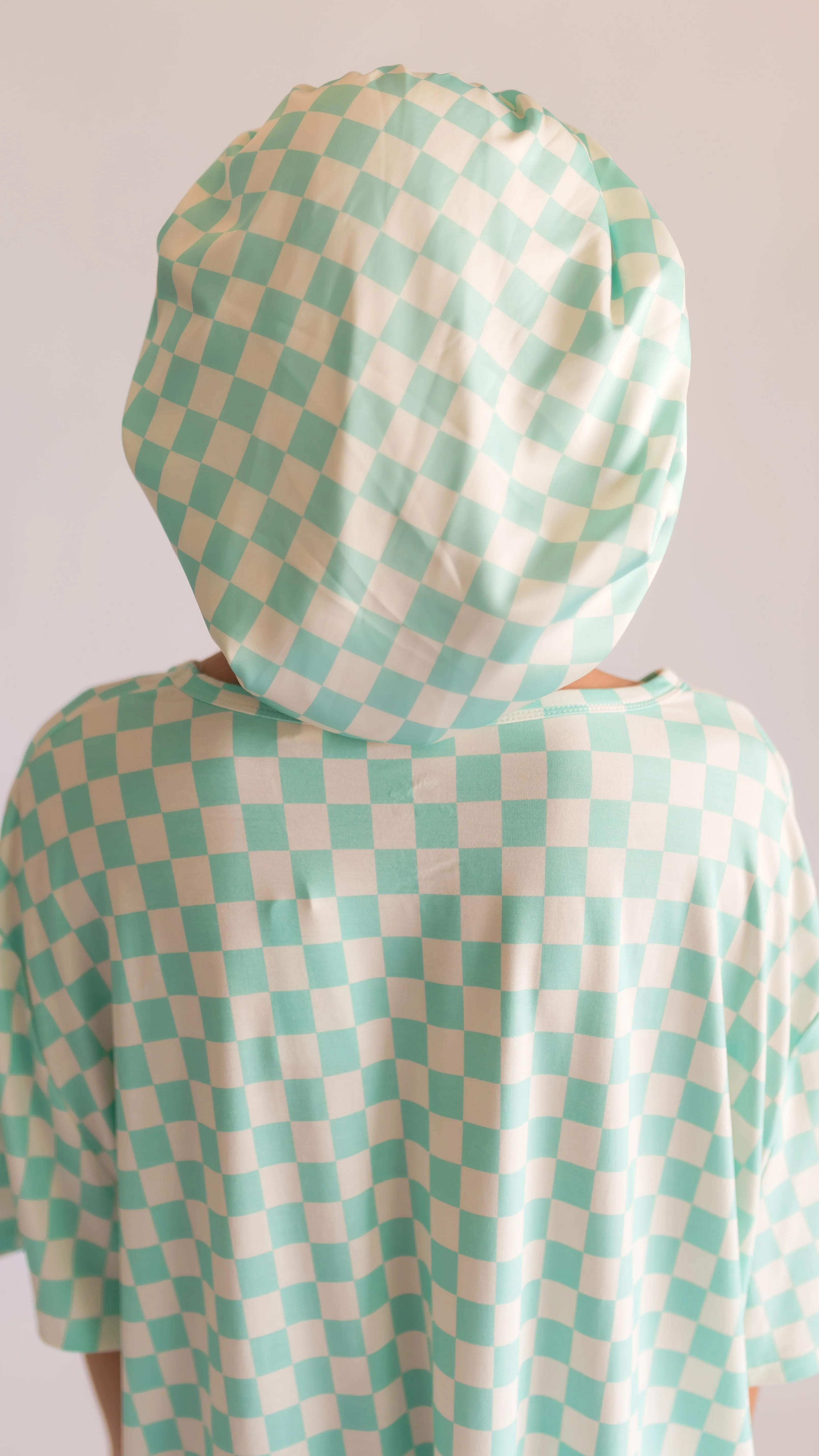 Kid's Satin Bonnet in Teal Neon Checkered