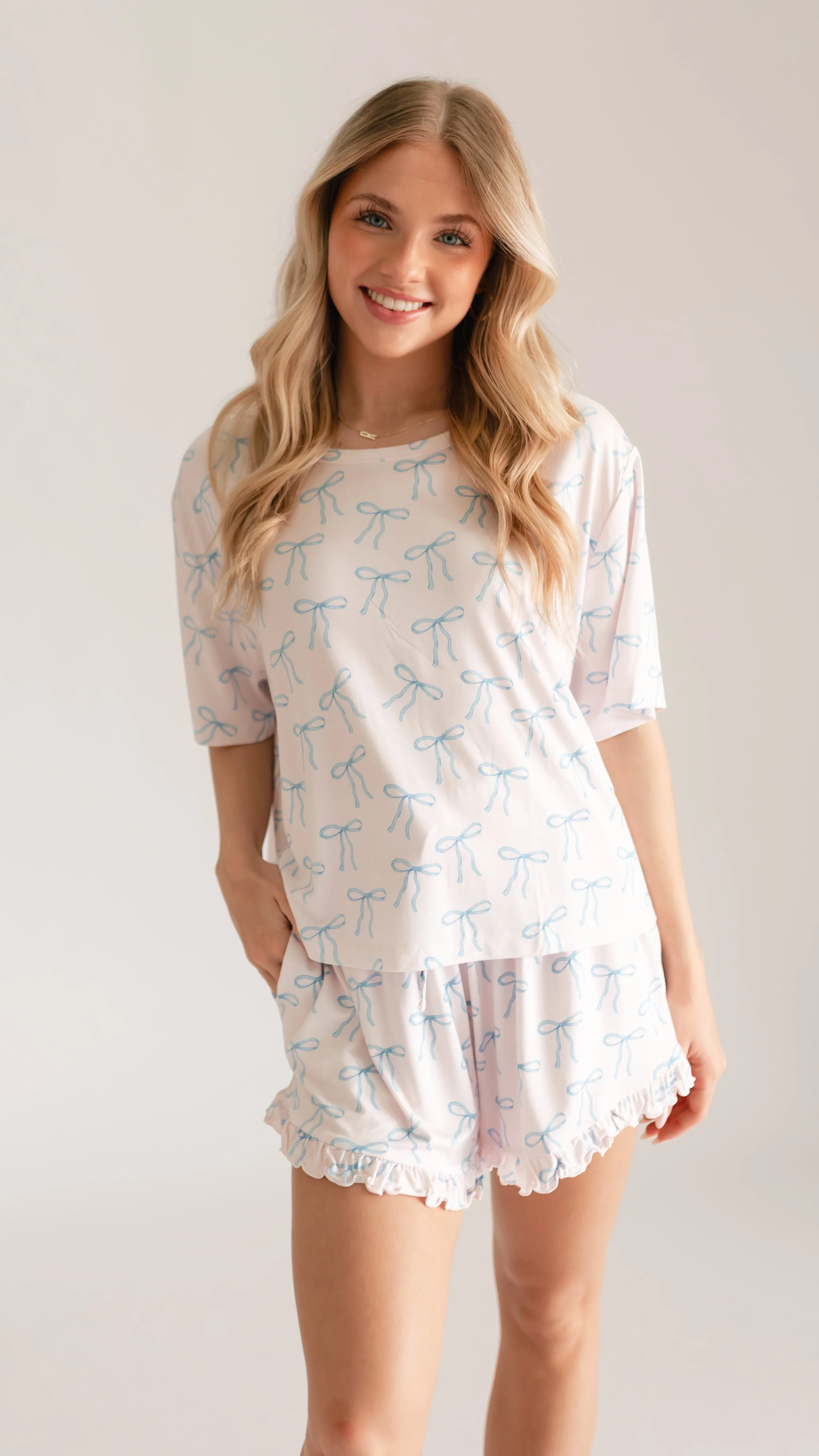 Womenâs Ruffle Short Set in Blue Bows