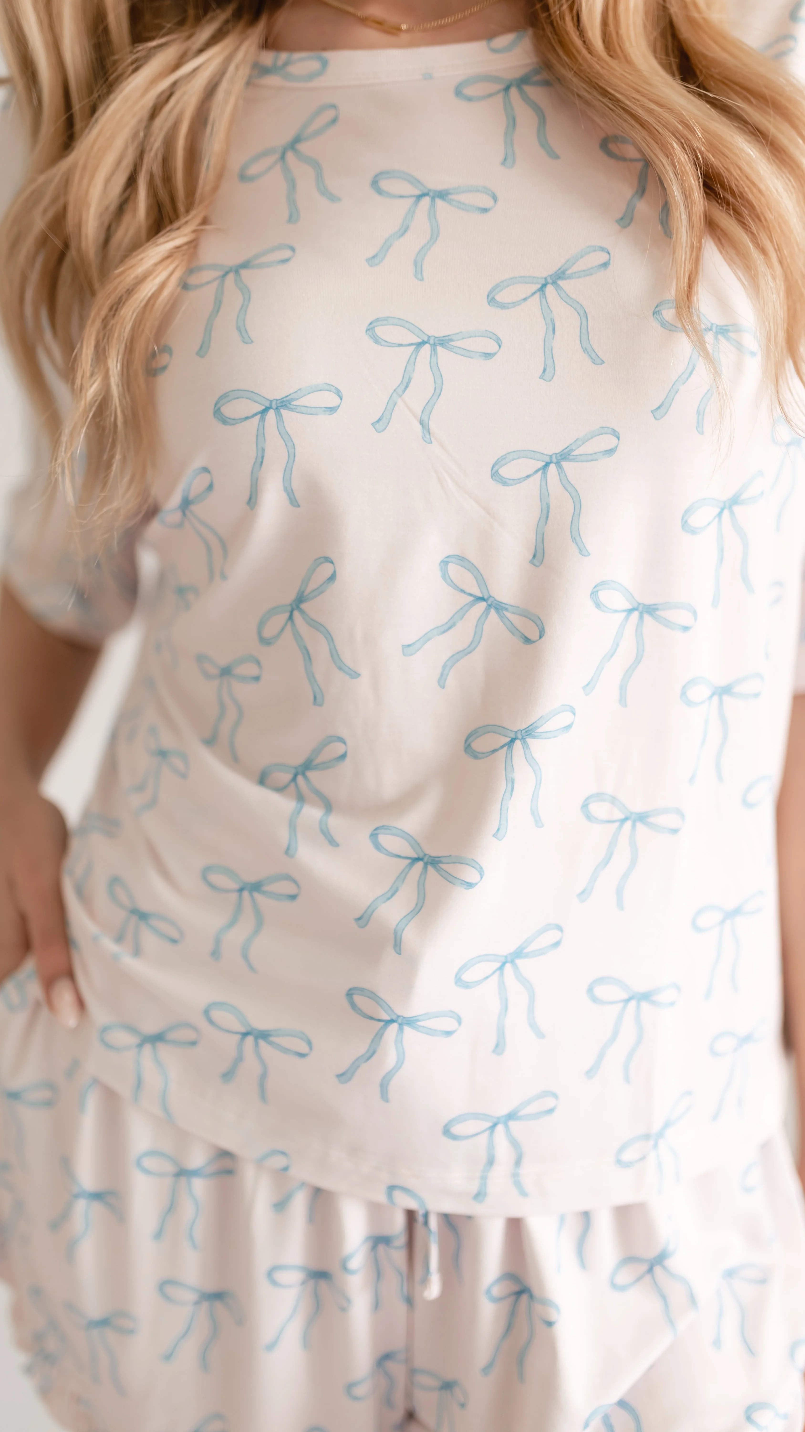 Womenâs Ruffle Short Set in Blue Bows - Image 2