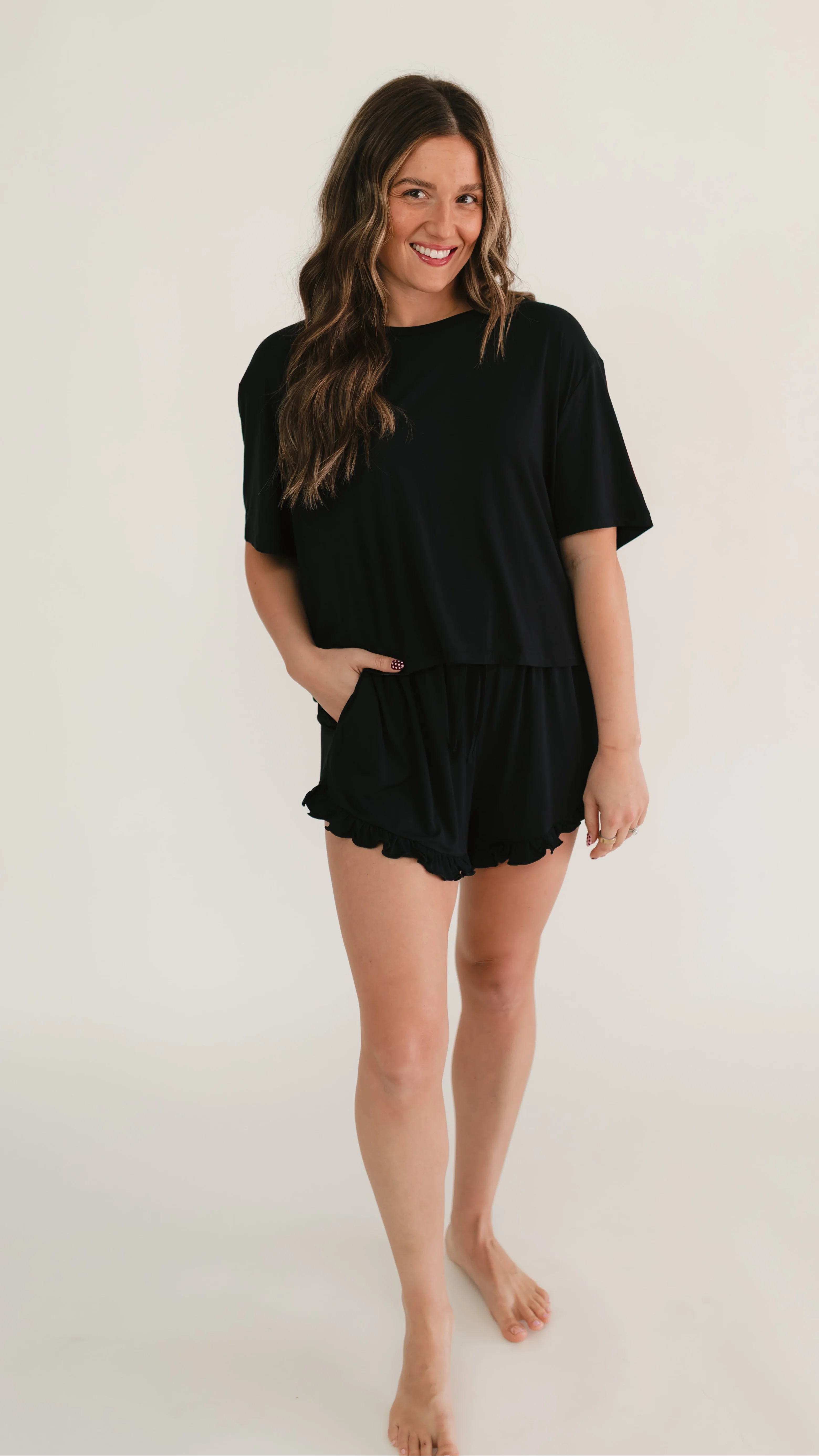 Women’s Ruffle Short Set in Solid Black