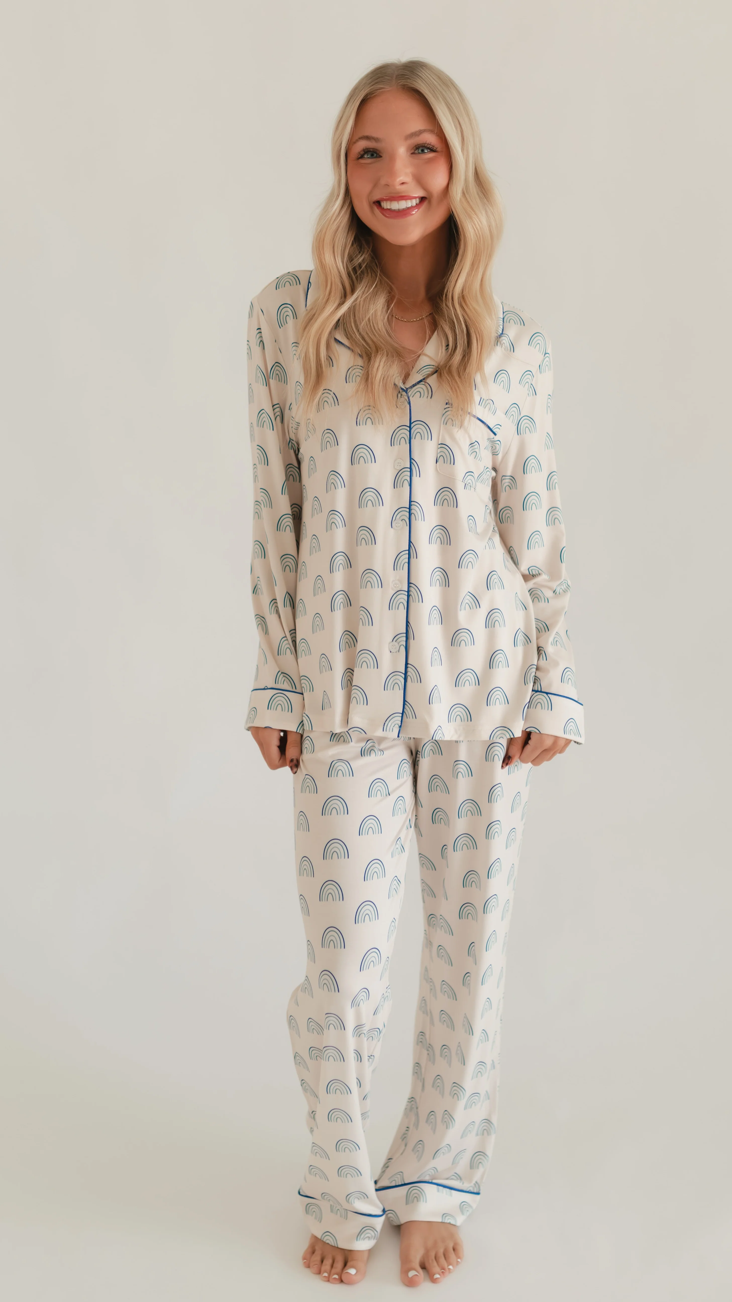 Women's Button Up Set In Blue Rainbows
