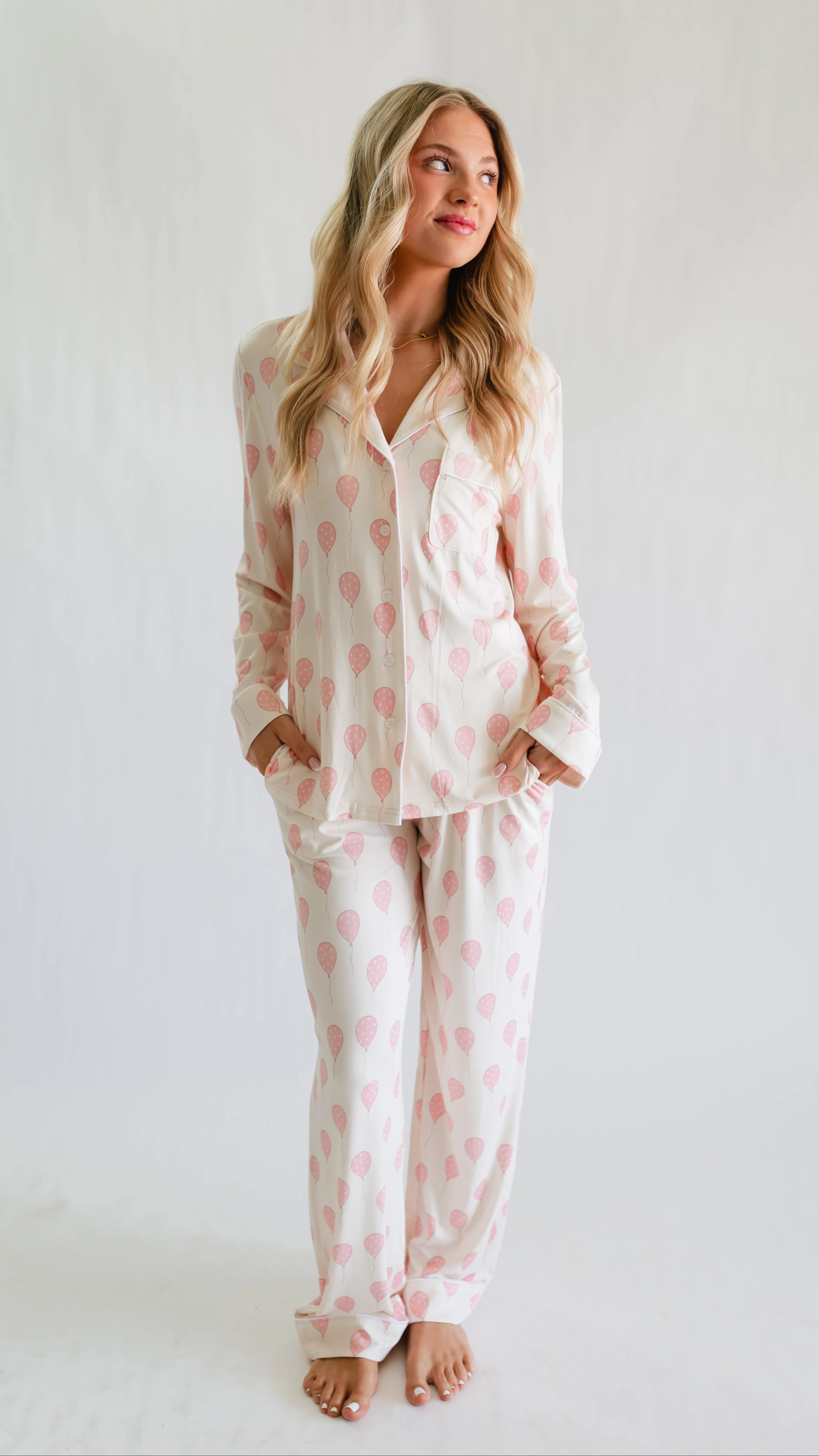 Women's Button Up Set In Pink Balloons