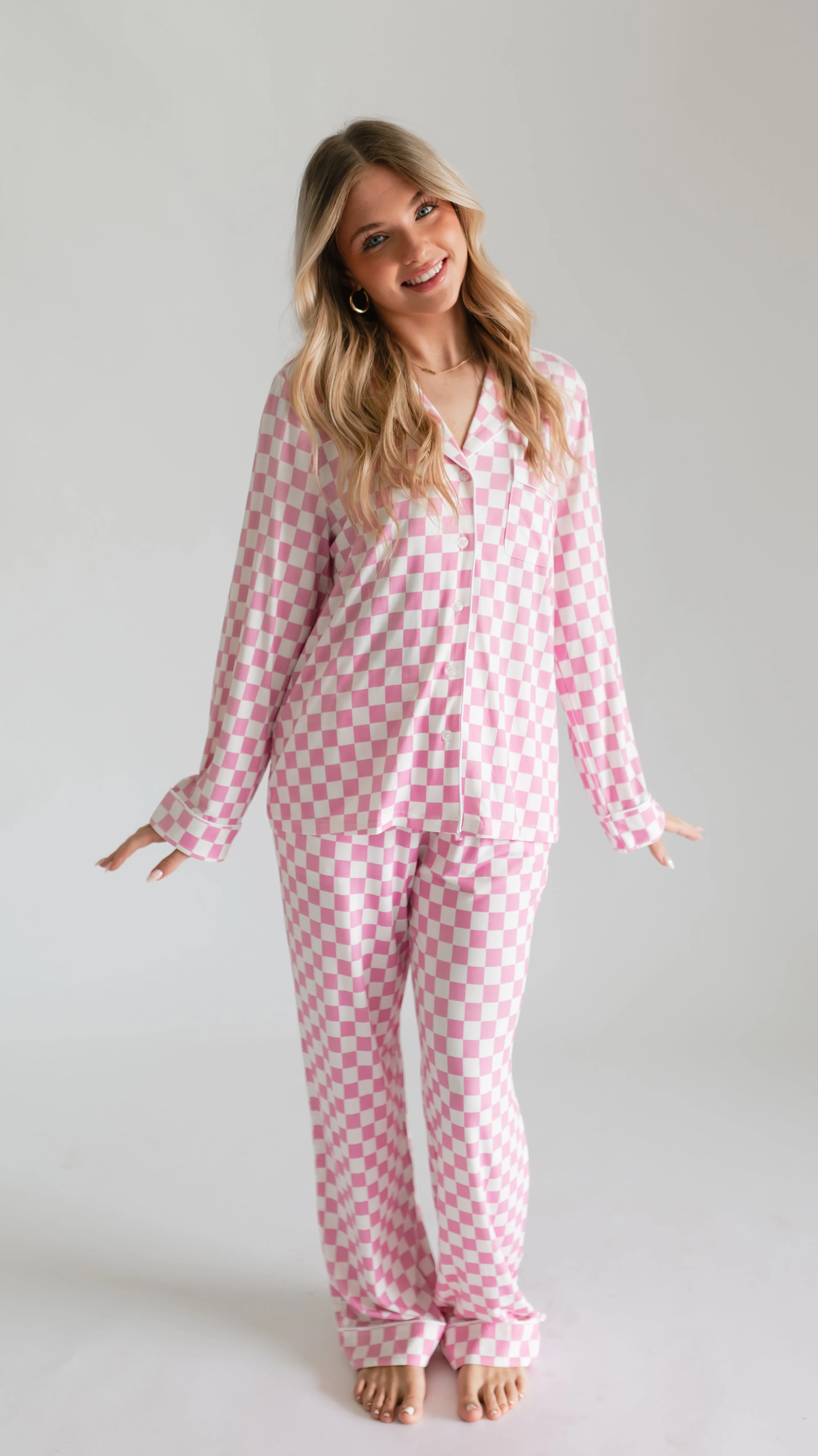 Women's Button Up Set In Pink Checkered