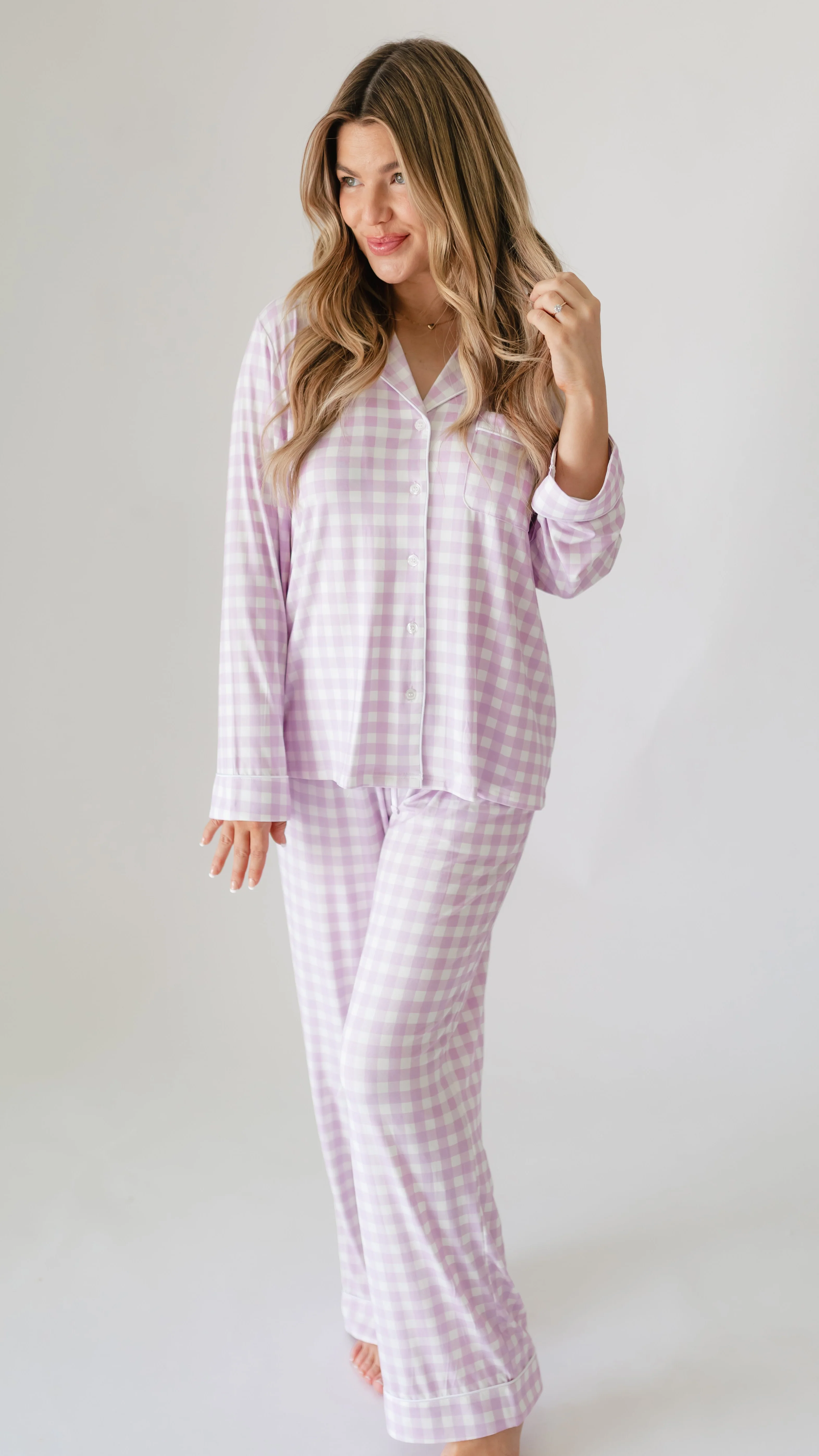 Women's Button Up Set In Purple Gingham - Image 3