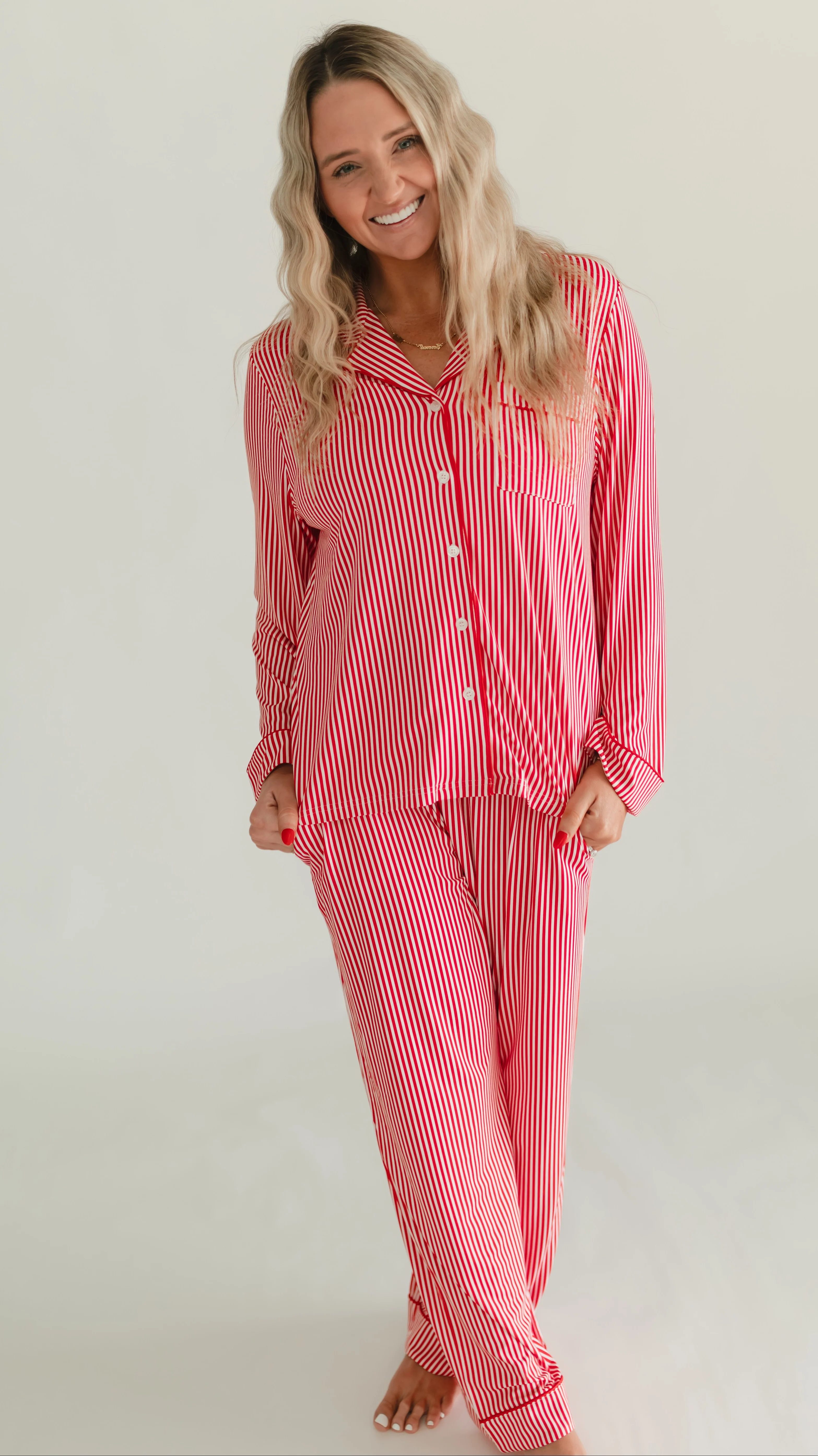 Women's Button Up Set In Red Pin Stripe