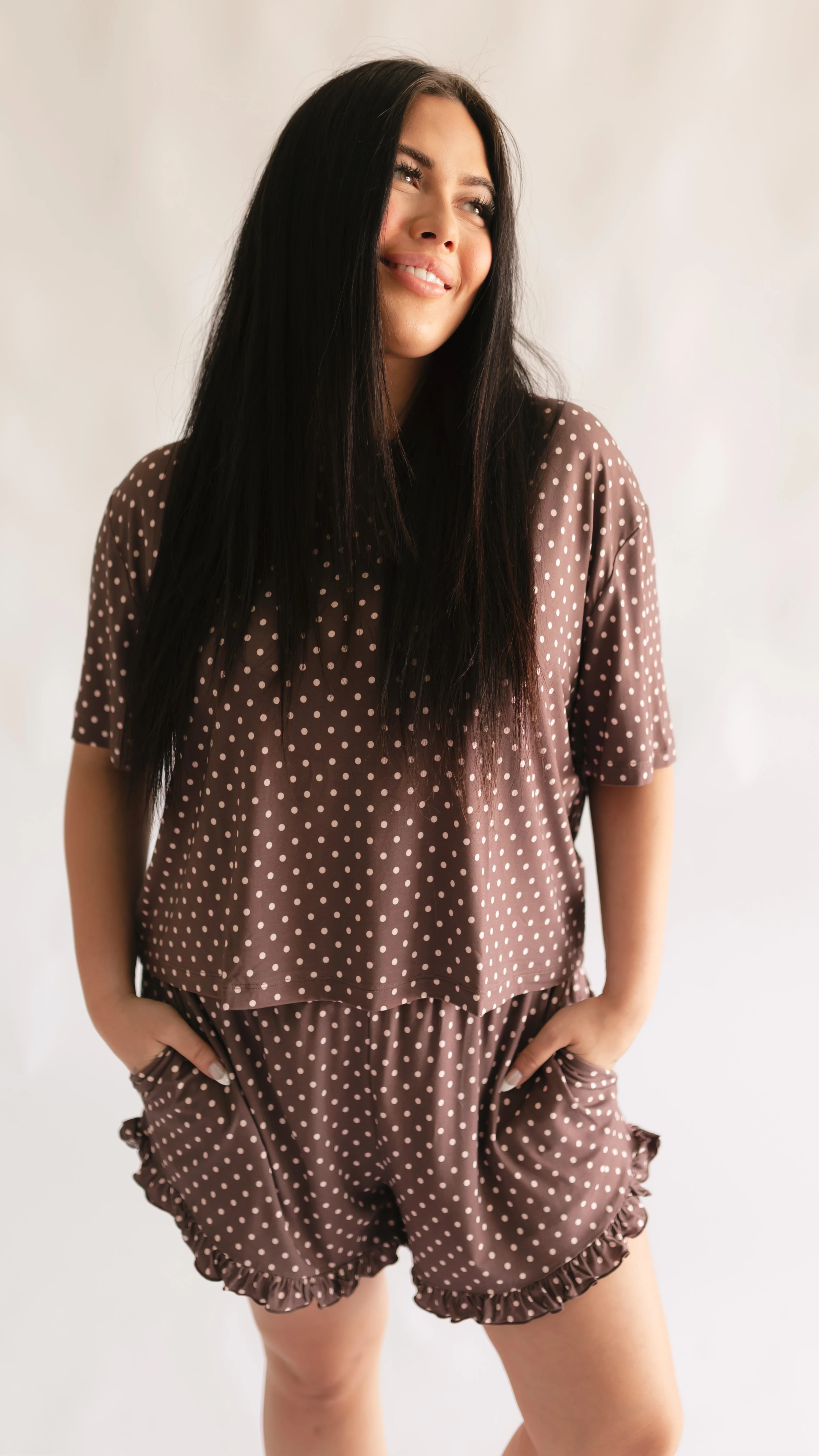 Women's Ruffle Short Set in Brown & Pink Polka Dot