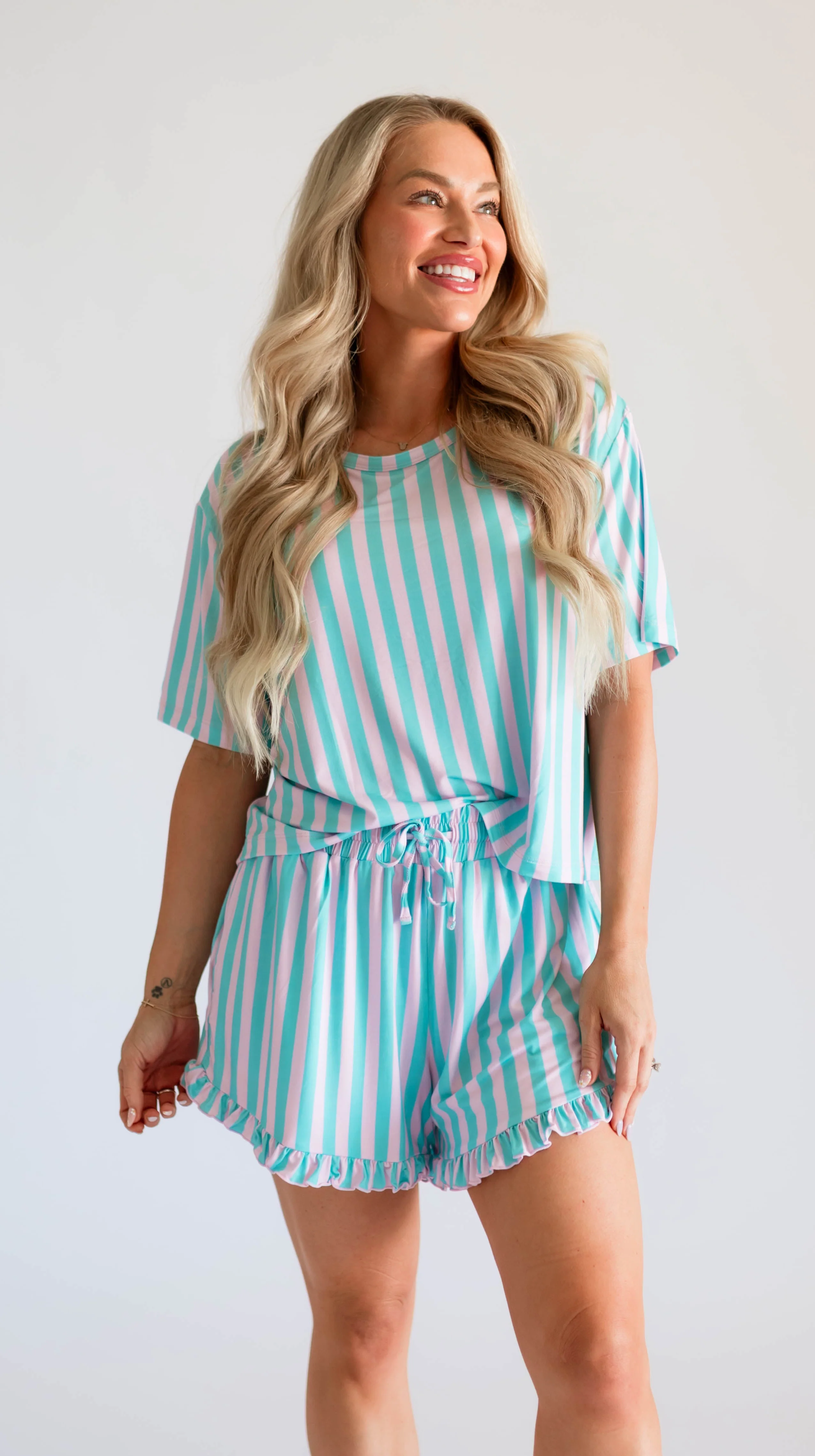Women's Ruffle Short Set in Cotton Candy Stripes