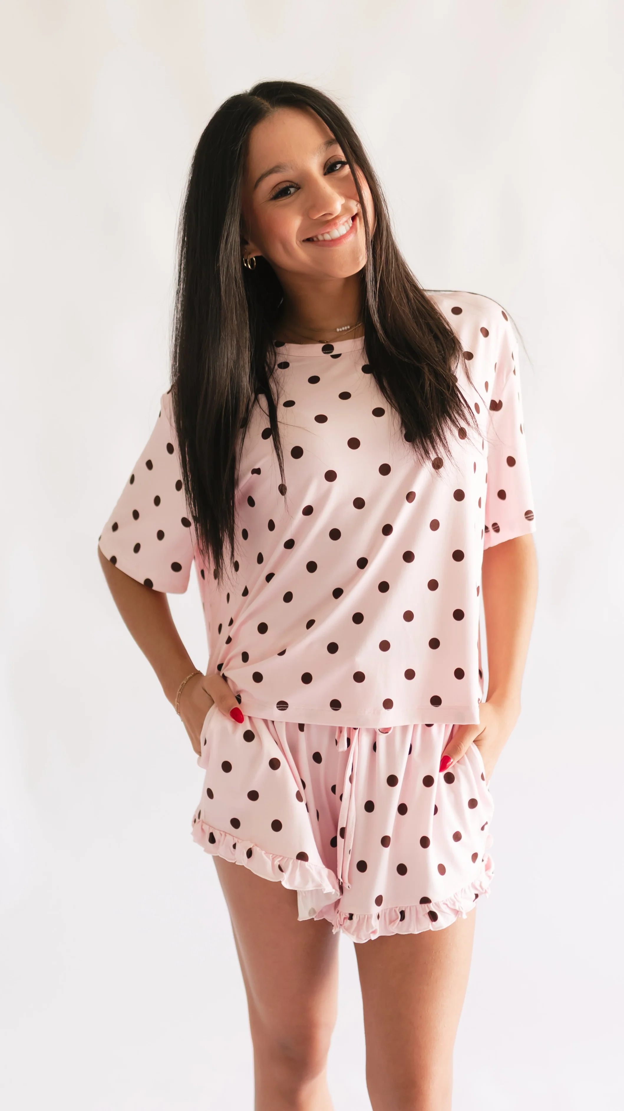 Women's Ruffle Short Set in Pink & Brown Polka Dot