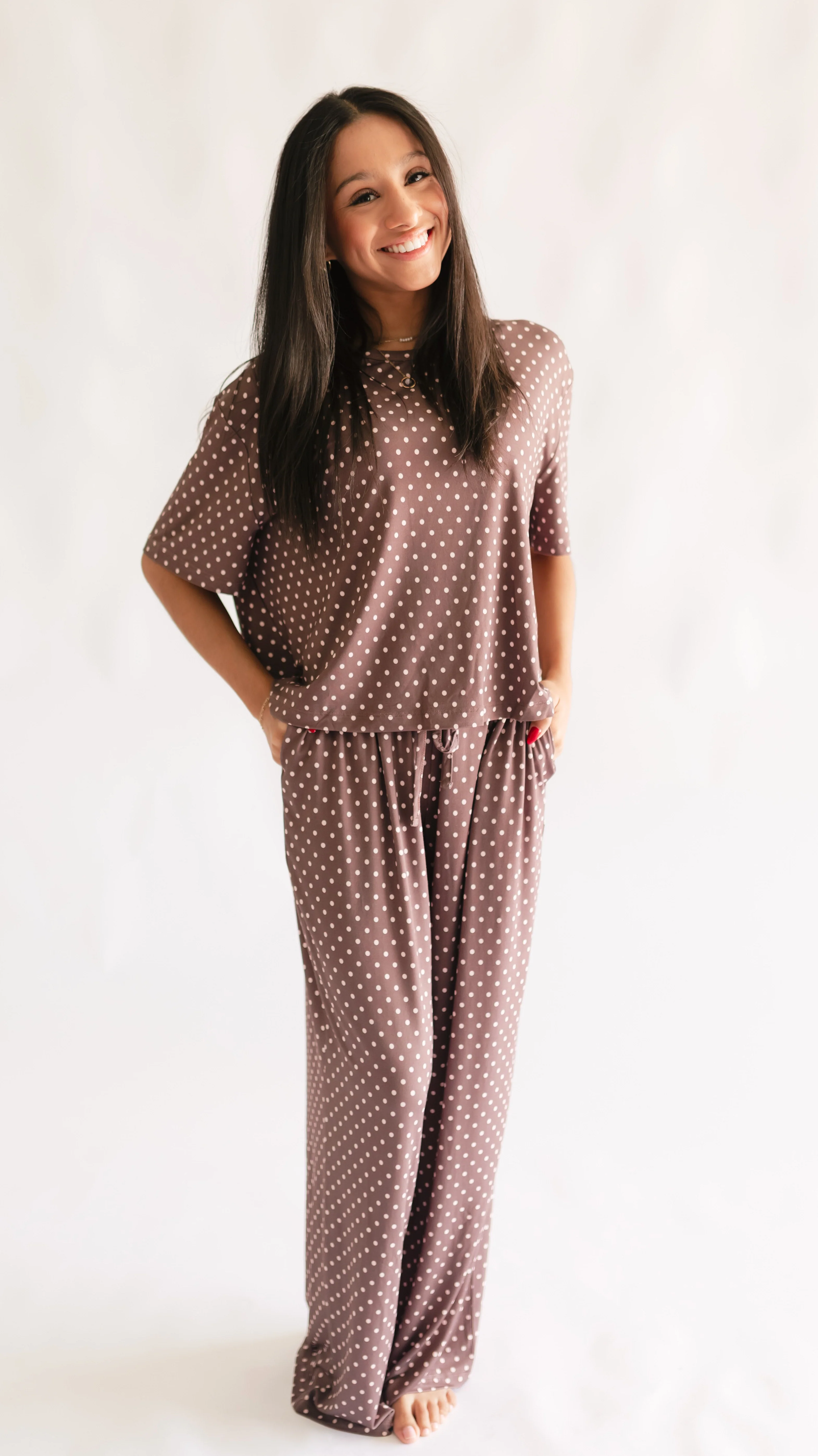 Women's T-Shirt and Pants Set in Brown & Pink Polka Dot - Image 3