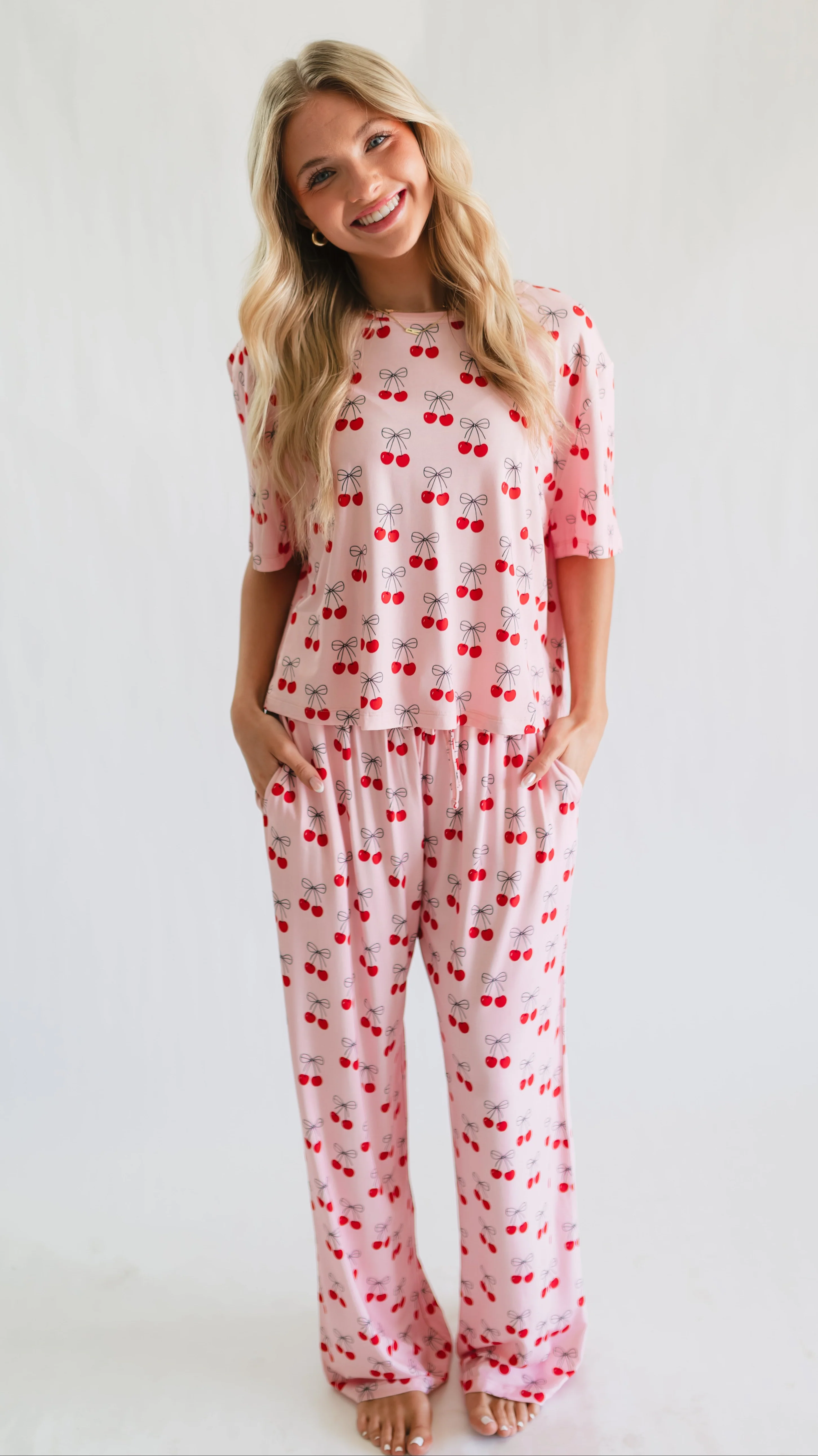 Women's T-Shirt and Pants Set in Pink Cherry Bows