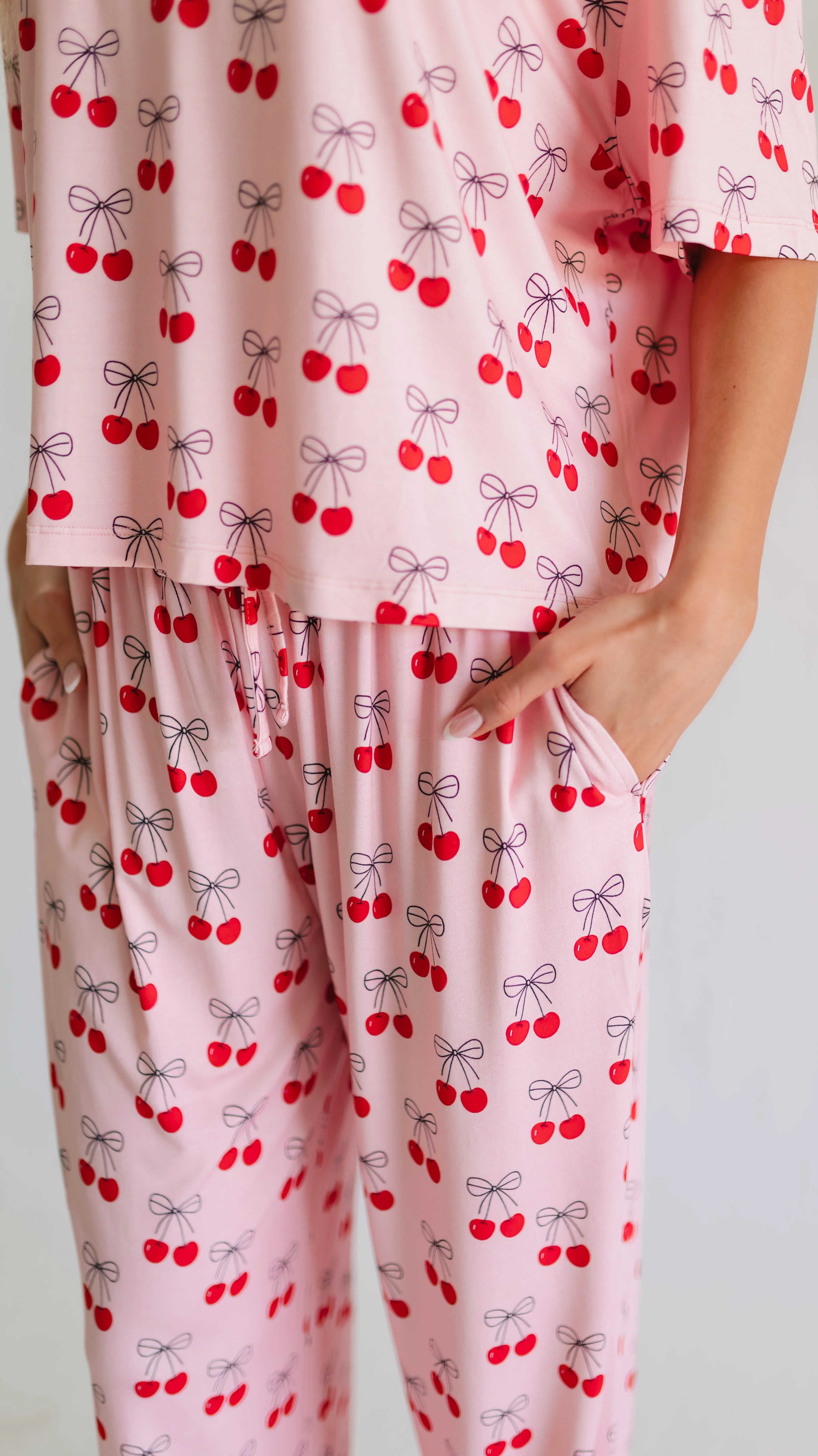 Women's T-Shirt and Pants Set in Pink Cherry Bows - Image 2