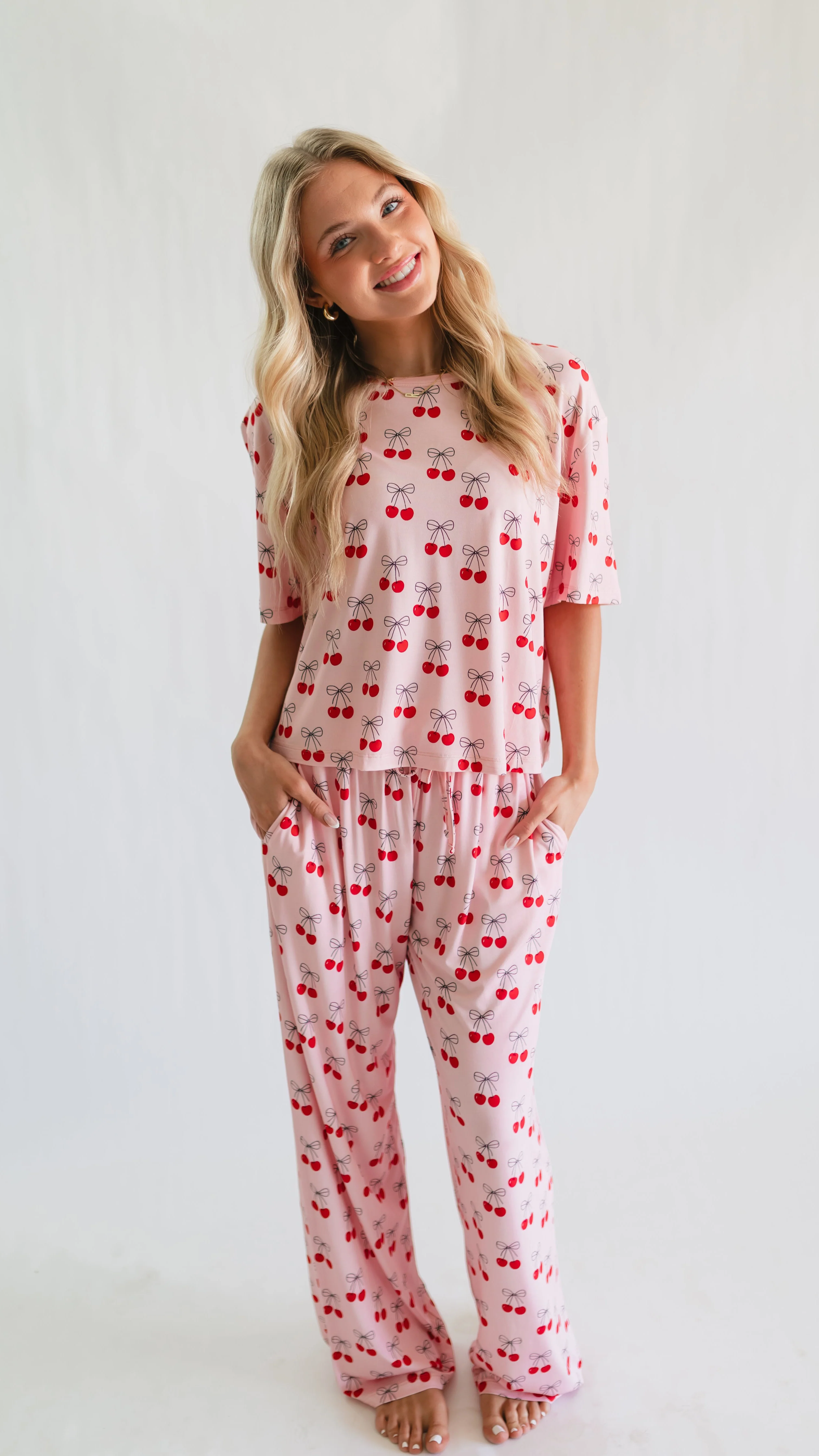 Women's T-Shirt and Pants Set in Pink Cherry Bows - Image 3