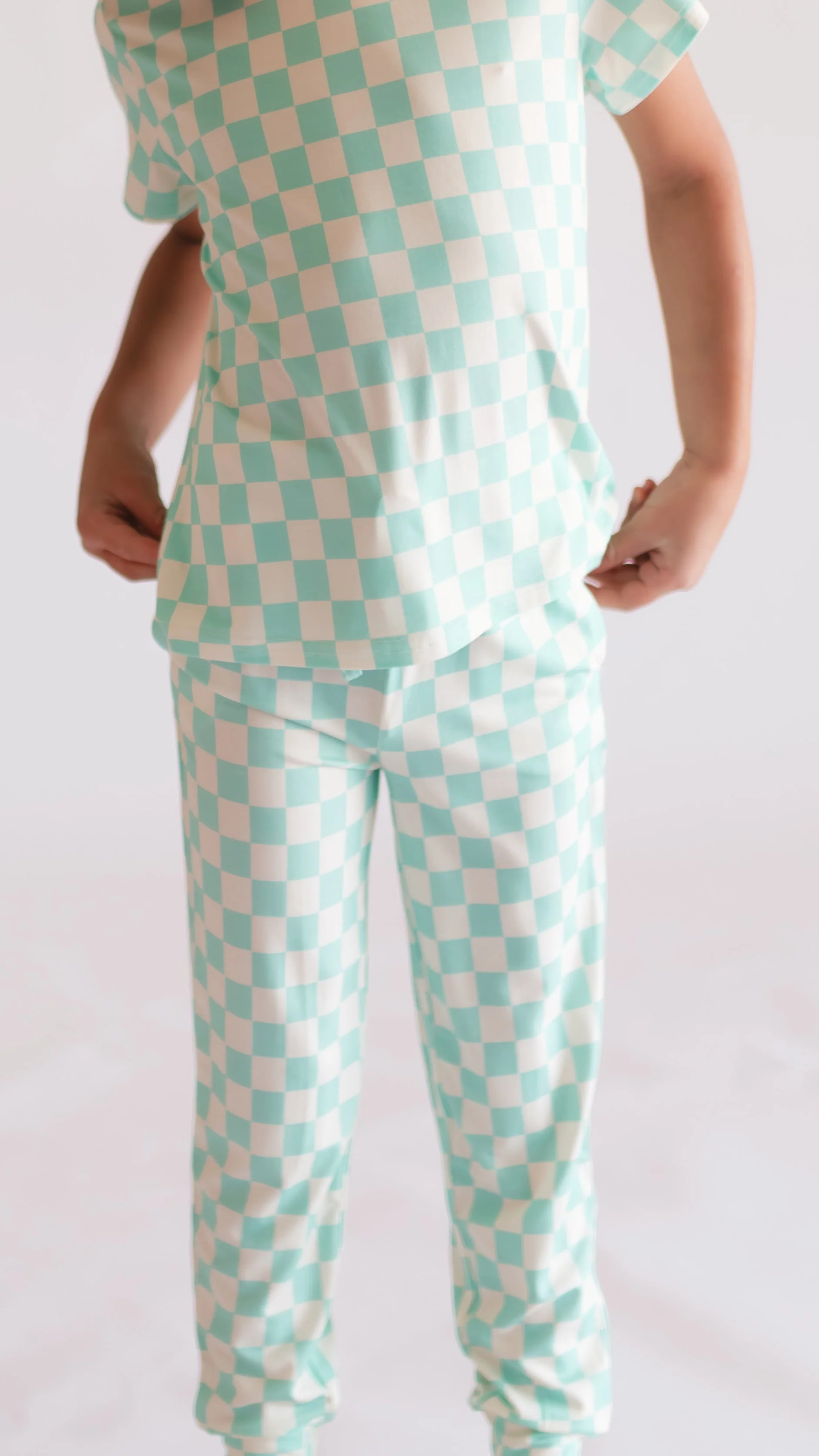 Youth Jogger Set In Teal Neon Checkered - Image 2