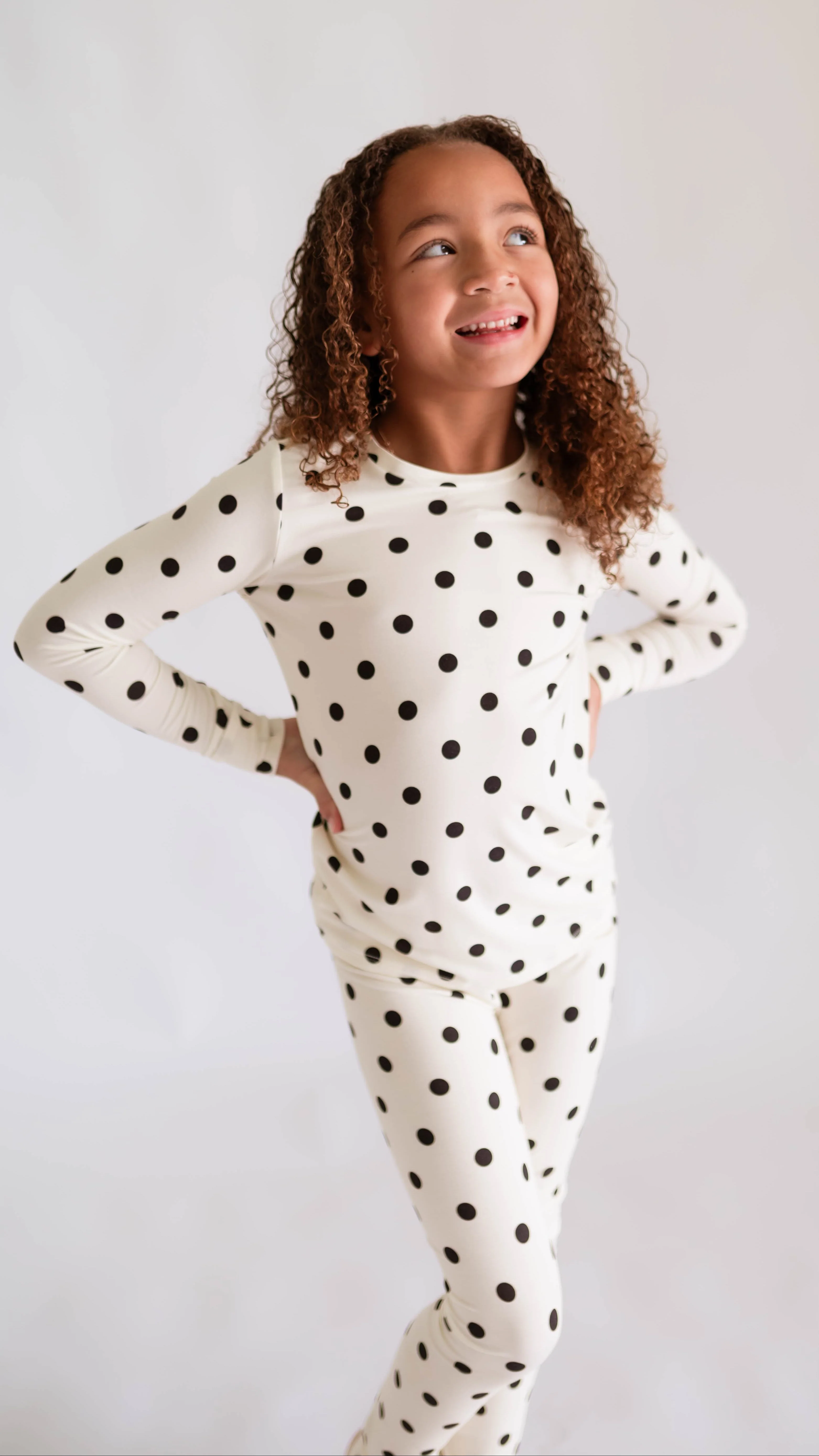 Youth Pajama Set in Cream & Black polka dot