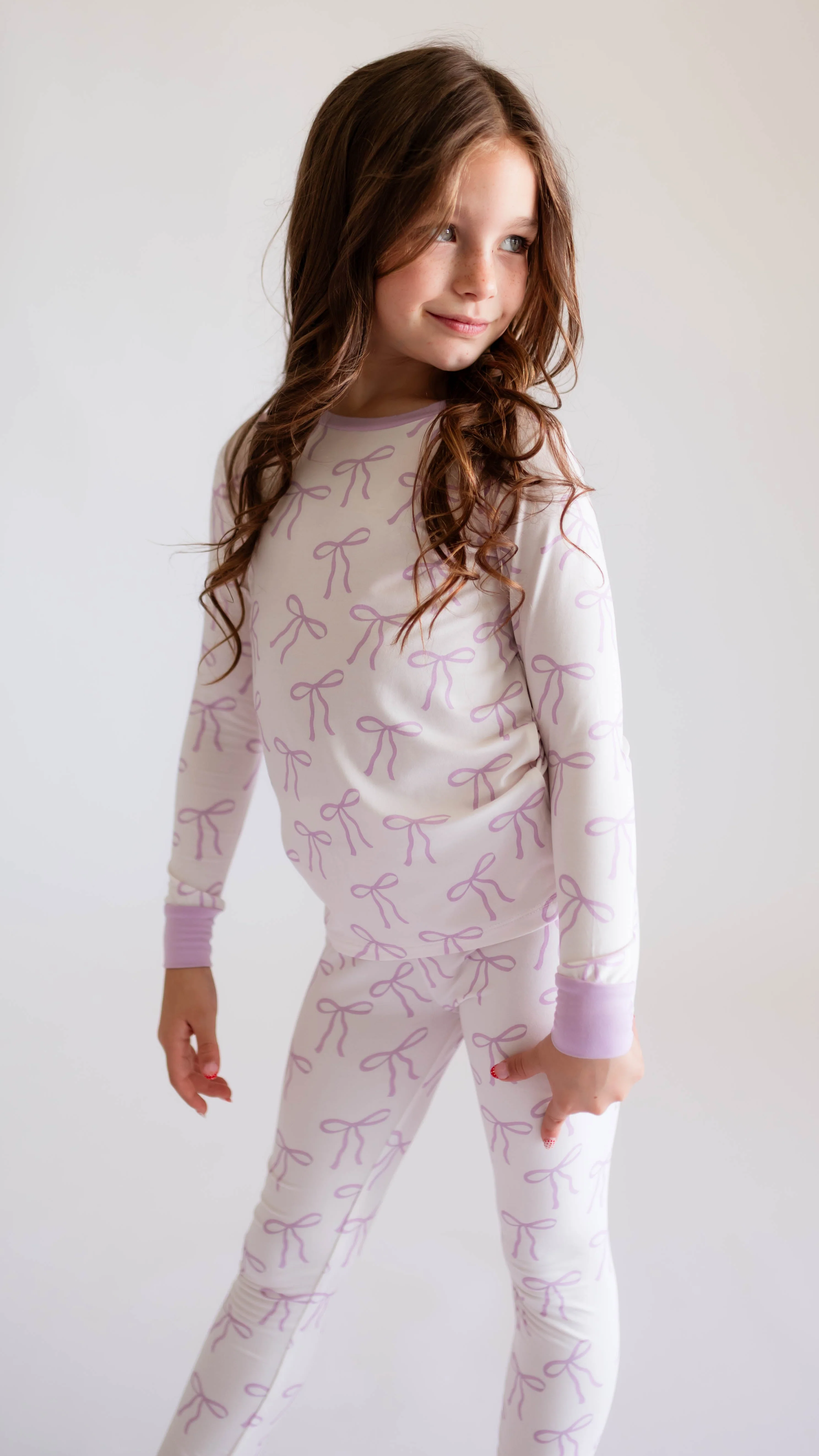 Youth Pajama Set in Purple Bows - Image 3